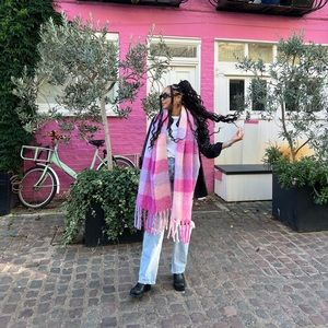 PINK Free People Piper Plaid Recycled Blend Fringe Scarf